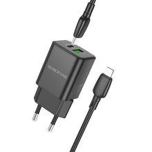 Заредете изображение във визуализатора на галерията – Borofone Wall charger BN14 Royal GaN - USB + Type C - QC 3.0 PD 30W with Type C to Lightning cable black
