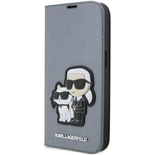 Заредете изображение във визуализатора на галерията – Karl Lagerfeld KLBKP14LSANKCPG iPhone 14 Pro 6.1" bookcase silver/silver Saffiano Karl &amp; Choupette
