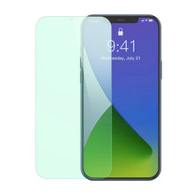 Заредете изображение във визуализатора на галерията – Baseus 2x 0,3 mm Eye Protection Full Coverage Green Tempered Glass Film with Anti Blue Light Filter for iPhone 12 Pro Max (SGAPIPH67N-LP02) - TopMag
