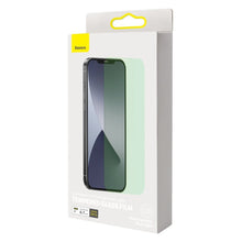 Заредете изображение във визуализатора на галерията – Baseus 2x 0,3 mm Eye Protection Full Coverage Green Tempered Glass Film with Anti Blue Light Filter for iPhone 12 Pro Max (SGAPIPH67N-LP02) - TopMag
