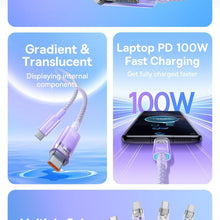 Заредете изображение във визуализатора на галерията – BASEUS cabel Type C to Type C Explorer Fast Charging 100W 1m nebula purple P10319703221-01 / CB000043
