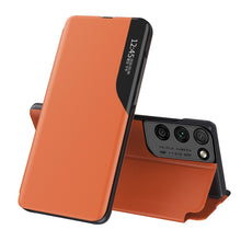 Заредете изображение във визуализатора на галерията – Eco Leather View Case elegant bookcase type case with kickstand for Samsung Galaxy S21 Ultra 5G orange - TopMag
