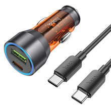 Заредете изображение във визуализатора на галерията – HOCO car charger USB QC 18W + Type C 25W + cabel Type C to Type C PD43W NZ12A transparent orange
