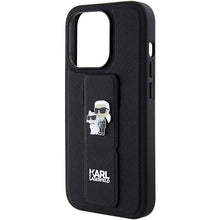 Заредете изображение във визуализатора на галерията – Karl Lagerfeld Gripstand Saffiano Karl&amp;Choupette Pins case for iPhone 15 Pro - black
