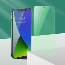 Заредете изображение във визуализатора на галерията – Baseus 2x 0,15 mm Eye Protection Full Coverage Green Tempered Glass Film with Anti Blue Light Filter for iPhone 12 mini (SGAPIPH54N-LP02) - TopMag
