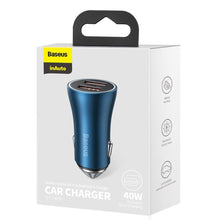Заредете изображение във визуализатора на галерията – Baseus Golden Contactor Pro Fast Car Charger 2x USB 40 W Quick Charge SCP FCP AFC Blue (CCJD-A03) - TopMag
