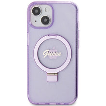 Заредете изображение във визуализатора на галерията – Original faceplate case GUESS GUHMP15MHRSGSU for iPhone 15 Plus (Magsafe / Glitter Script Logo / Ring stand / purple)
