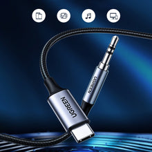 Заредете изображение във визуализатора на галерията – Ugreen AUX stereo audio cable 3.5 mm mini jack - USB Type C for tablet phone 1m black (CM450 20192) - TopMag
