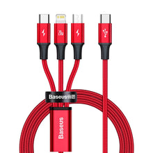 Заредете изображение във визуализатора на галерията – Baseus Rapid 3in1 USB Typ C - USB Typ C / Lightning / micro USB cable 20 W 1,5 m red (CAMLT-SC09) - TopMag
