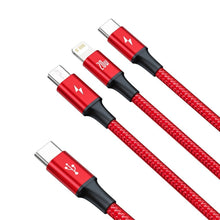 Заредете изображение във визуализатора на галерията – Baseus Rapid 3in1 USB Typ C - USB Typ C / Lightning / micro USB cable 20 W 1,5 m red (CAMLT-SC09) - TopMag
