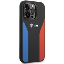 Заредете изображение във визуализатора на галерията – Case BMW BMHCP14L22SCSK iPhone 14 Pro 6.1" black/black Silicone Blue&amp;Red Stripes M Collection
