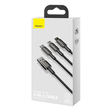 Заредете изображение във визуализатора на галерията – Baseus Tungsten 3in1 USB cable - USB Type C / Lightning / micro USB 3.5 A 1.5 m black (CAMLTWJ-01) - TopMag
