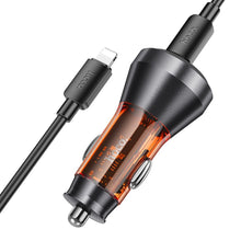 Заредете изображение във визуализатора на галерията – HOCO car charger 2 x Type C QC 30W with digital display + cable Type C to Lightning PD60W transparent orange
