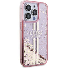 Заредете изображение във визуализатора на галерията – Original faceplate case GUESS GUHCP15LLFCSEGP for iPhone 15 Pro (Liquid Glitter Gold Stripes / pink)
