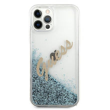 Заредете изображение във визуализатора на галерията – Guess GUHCP12LGLVSBL iPhone 12 Pro Max 6,7" niebieski/blue hardcase Glitter Vintage Script - TopMag
