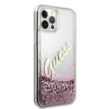 Заредете изображение във визуализатора на галерията – Guess GUHCP12LGLVSPI iPhone 12 Pro Max 6,7" różowy/pink hardcase Glitter Vintage Script - TopMag
