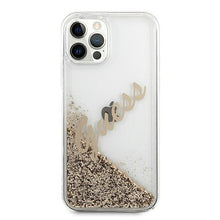 Заредете изображение във визуализатора на галерията – Guess GUHCP12MGLVSGO iPhone 12/12 Pro 6,1" złoty/gold hardcase Glitter Vintage Script - TopMag
