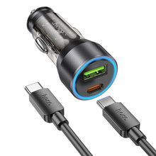 Заредете изображение във визуализатора на галерията – HOCO car charger USB QC 18W + Type C 25W + cabel Type C to Type C PD43W NZ12A transparent black
