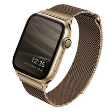 Заредете изображение във визуализатора на галерията – UNIQ pasek Dante Apple Watch Series 4/5/6/7/8/SE/SE2 42/44/45mm Stainless Steel złoty/carmel gold - TopMag
