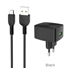 Заредете изображение във визуализатора на галерията – Зарядно Hoco USB порт qc3.0 + micro USB кабел c70a черен - TopMag
