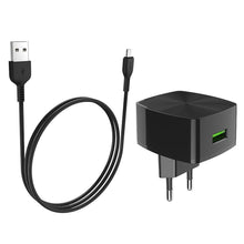 Заредете изображение във визуализатора на галерията – Зарядно Hoco USB порт qc3.0 + micro USB кабел c70a черен - TopMag
