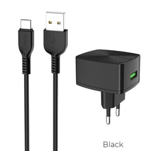 Заредете изображение във визуализатора на галерията – Зарядно Hoco USB порт qc3.0 + Type-C кабел c70a черен - TopMag
