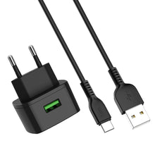 Заредете изображение във визуализатора на галерията – Зарядно Hoco USB порт qc3.0 + Type-C кабел c70a черен - TopMag
