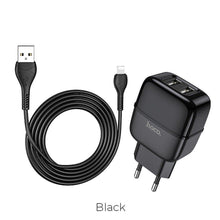 Заредете изображение във визуализатора на галерията – Зарядно за стена Hoco 2 x usb  + кабел lightning 8-pin c77a черен - само за 16.99 лв
