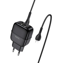 Заредете изображение във визуализатора на галерията – Зарядно за стена Hoco 2 x usb  + кабел lightning 8-pin c77a черен - само за 16.99 лв
