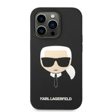 Заредете изображение във визуализатора на галерията – Original Pouch KARL LAGERFELD Silicone Karl`s Head Magsafe KLHMP14XSLKHBK  for Iphone 14 Pro Max Black

