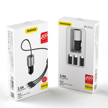 Заредете изображение във визуализатора на галерията – Dudao 3in1 USB car charger 3,4 A built-in cable Lightning / USB Type C / micro USB black (R5ProN black) - TopMag
