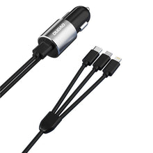 Заредете изображение във визуализатора на галерията – Dudao 3in1 USB car charger 3,4 A built-in cable Lightning / USB Type C / micro USB black (R5ProN black) - TopMag
