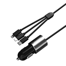 Заредете изображение във визуализатора на галерията – Dudao 3in1 USB car charger 3,4 A built-in cable Lightning / USB Type C / micro USB black (R5ProN black) - TopMag
