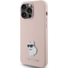 Заредете изображение във визуализатора на галерията – Karl Lagerfeld Silicone Choupette Metal Pin case for iPhone 15 Pro Max - pink
