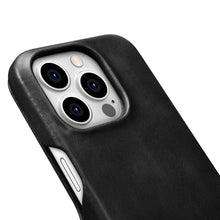 Заредете изображение във визуализатора на галерията – MagSafe Compatible Leather Flip Case for iPhone 15 Pro iCarer Curved Edge Oil Wax Real Leather Folio Case - Black
