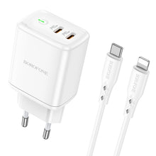 Заредете изображение във визуализатора на галерията – Borofone Wall charger BN9 Reacher - 2xType C - QC 3.0 PD 35W with Type C to Lightning cable white
