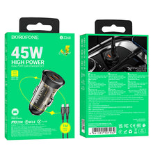 Заредете изображение във визуализатора на галерията – Borofone Car charger BZ26B Discovery - 2xType C - PD 45W 3A with Type C to Lightning cable transparent-black
