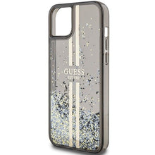 Заредете изображение във визуализатора на галерията – Original faceplate case GUESS GUHCP15MLFCSEGK for iPhone 15 Plus (Liquid Glitter Gold Stripes / black)
