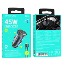 Заредете изображение във визуализатора на галерията – Borofone Car charger BZ26B Discovery - 2xType C - PD 45W 3A with Type C to Type C cable transparent-blue
