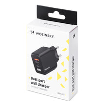 Заредете изображение във визуализатора на галерията – Wozinsky USB charger with 2 ports (USB, USB C) 20 W black
