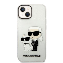 Заредете изображение във визуализатора на галерията – Original Pouch KARL LAGERFELD Gliter Karl&amp;Choupette KLHCP14SHNKCTGT for Iphone 14 transparent
