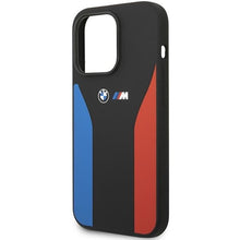 Заредете изображение във визуализатора на галерията – Case BMW BMHCP14L22SCSK iPhone 14 Pro 6.1" black/black Silicone Blue&amp;Red Stripes M Collection
