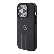 Заредете изображение във визуализатора на галерията – Original Case MERCEDES hardcase Stripes Pattern Leather MagSafe MEHMP15X23RHSK for Iphone 15 Pro Max Black
