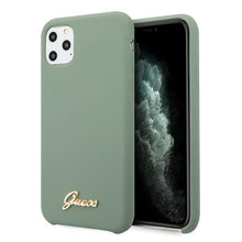 Заредете изображение във визуализатора на галерията – Guess GUHCN65LSLMGKA iPhone 11 Pro Max khaki hard case Silicone Vintage Gold Logo
