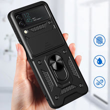 Заредете изображение във визуализатора на галерията – Hybrid Armor Camshield case for Samsung Galaxy Z Flip 4 armored case with camera cover black
