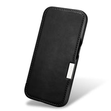 Заредете изображение във визуализатора на галерията – MagSafe Compatible Leather Flip Case for iPhone 15 Pro iCarer Curved Edge Oil Wax Real Leather Folio Case - Black
