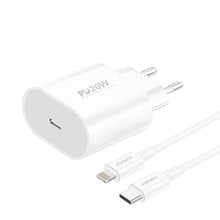 Заредете изображение във визуализатора на галерията – Foneng Wall charger EU39 - Type C - PD 20W 3A with Type C to Lightning cable white
