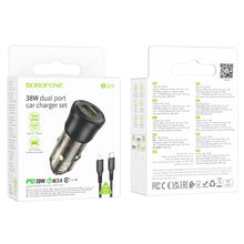 Заредете изображение във визуализатора на галерията – Borofone Car charger BZ25 Journey - USB + Type C - PD 38W 3A with Type C to Lightning cable black
