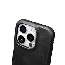 Заредете изображение във визуализатора на галерията – MagSafe Compatible Leather Flip Case for iPhone 15 Pro iCarer Curved Edge Oil Wax Real Leather Folio Case - Black
