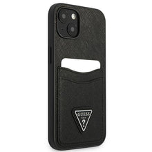 Заредете изображение във визуализатора на галерията – Original faceplate case GUESS GUHCP13MPSATPK for iPhone 13 (Saffiano Double Card Triangle / black)

